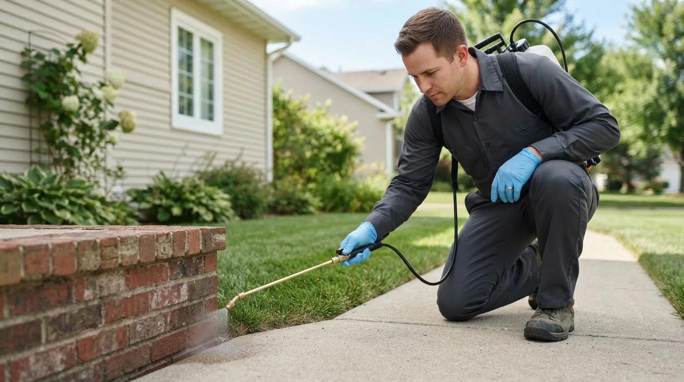 Pest control technician treating a home near Galeton, CO