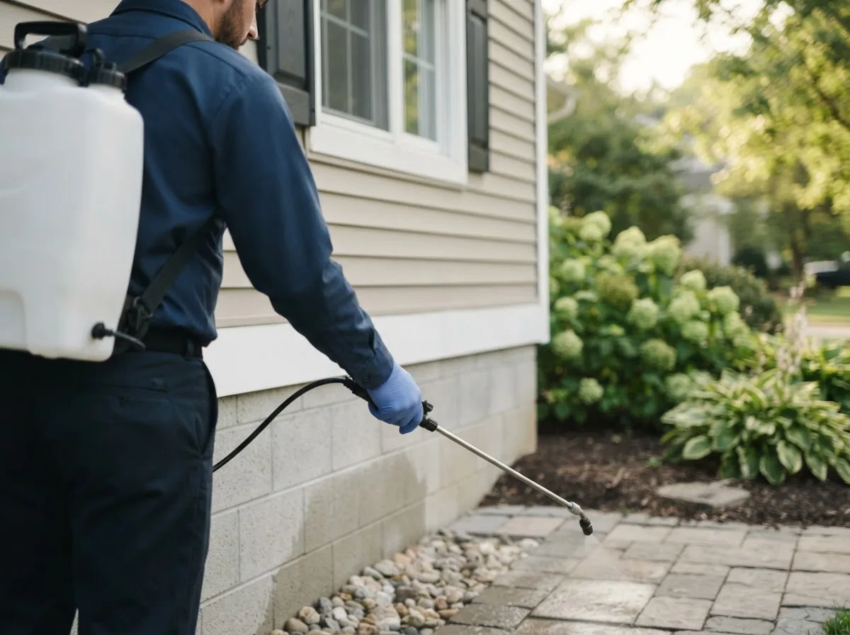 Pest control technician inspecting a home in Galeton, CO